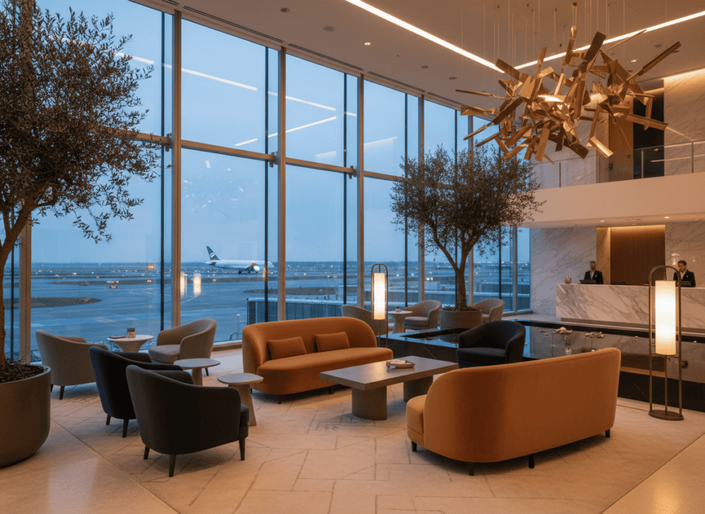 A hotel lobby with a view of an airport runway, representing the connection between hotel stays and air travel