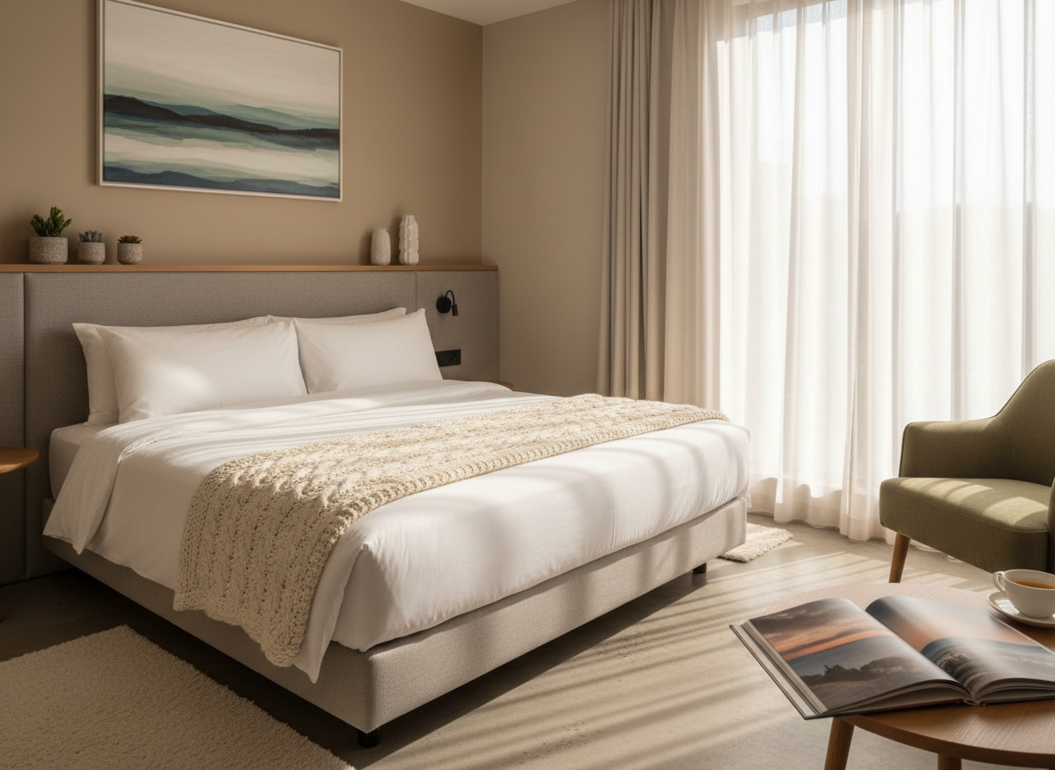 Quiet, sunlit hotel room, representing falling hotel and lodging prices