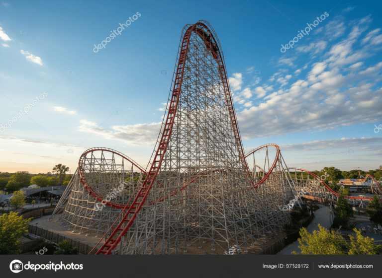 A towering hybrid roller coaster with a steep first drop against a blue sky