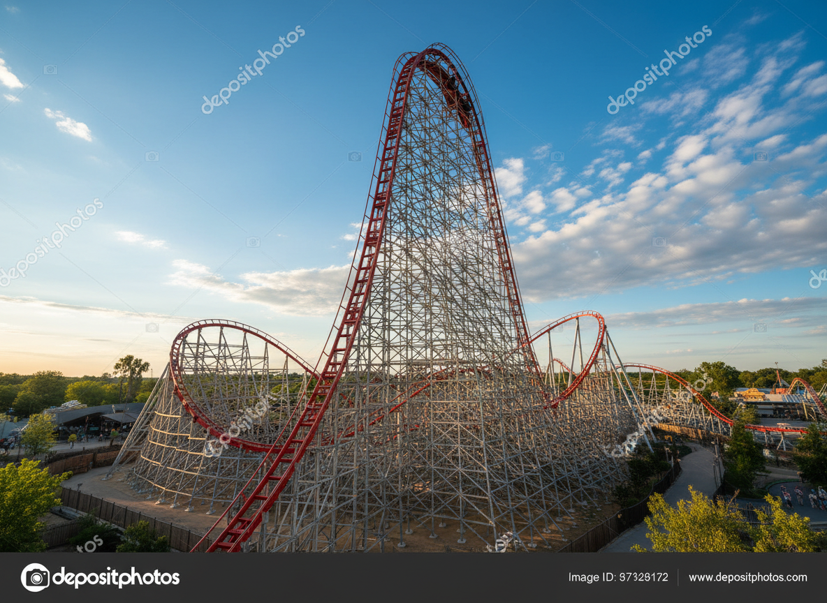 A towering hybrid roller coaster with a steep first drop against a blue sky