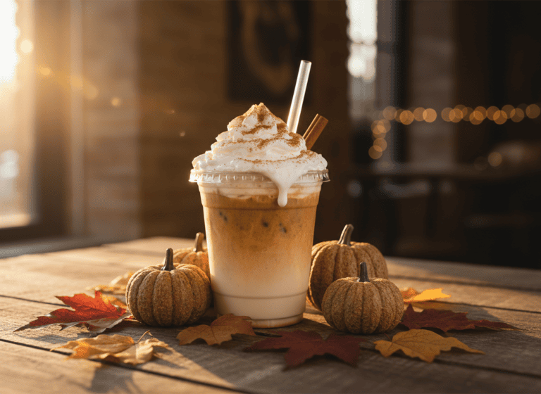 An iced pumpkin cream coffee drink topped with whipped cream, surrounded by autumn leaves
