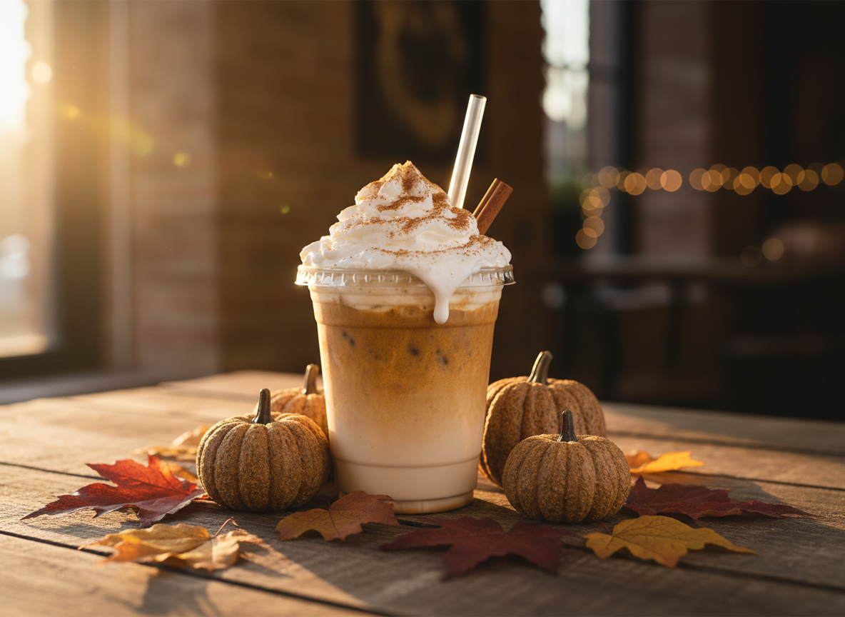 An iced pumpkin cream coffee drink topped with whipped cream, surrounded by autumn leaves
