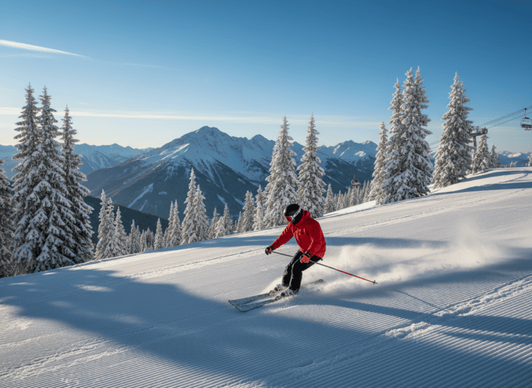 Skier carving down a sunlit snowy mountain slope at a ski resort