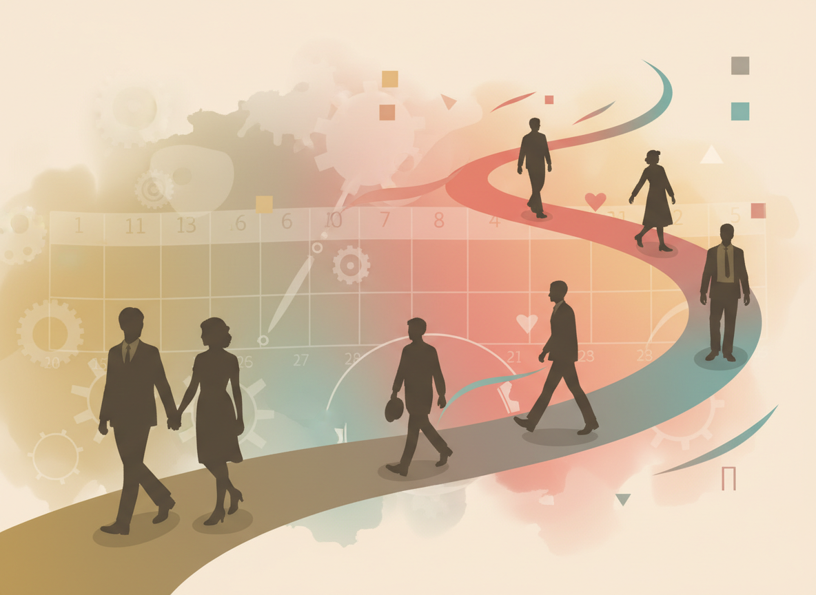 Illustration of a couple walking through changing decades, representing shifting marriage age trends over time