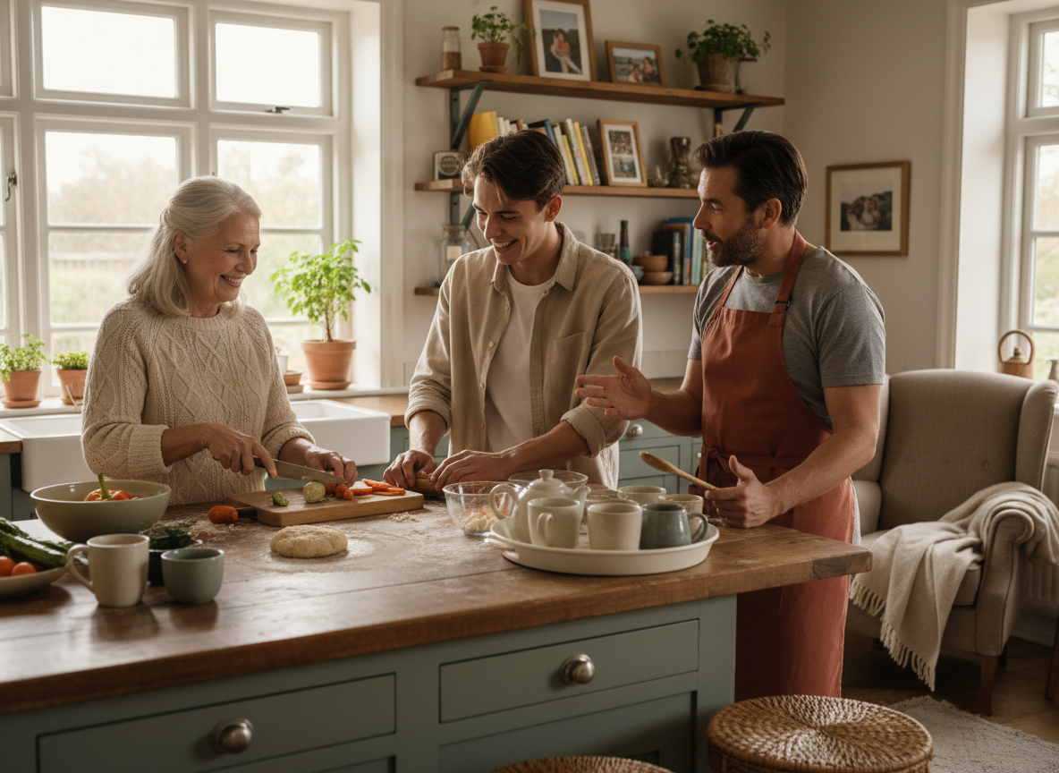 Three generations of a family cooking together in a shared kitchen