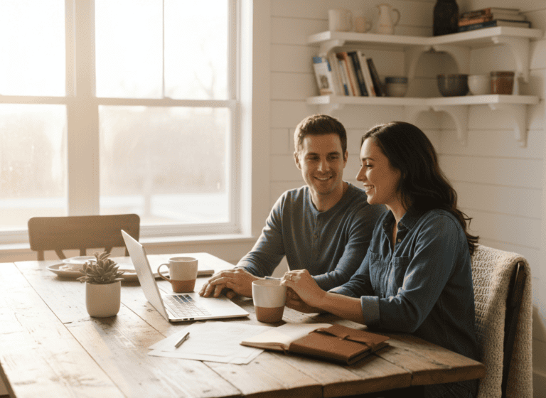 A married couple reviewing their finances together at home
