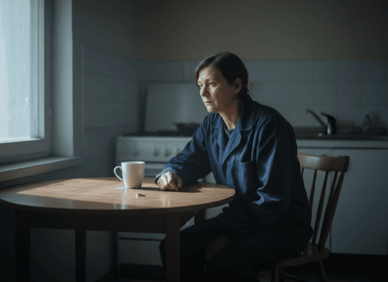 A night-shift worker sits alone at a kitchen table in the early morning light, a wedding ring resting beside their coffee cup
