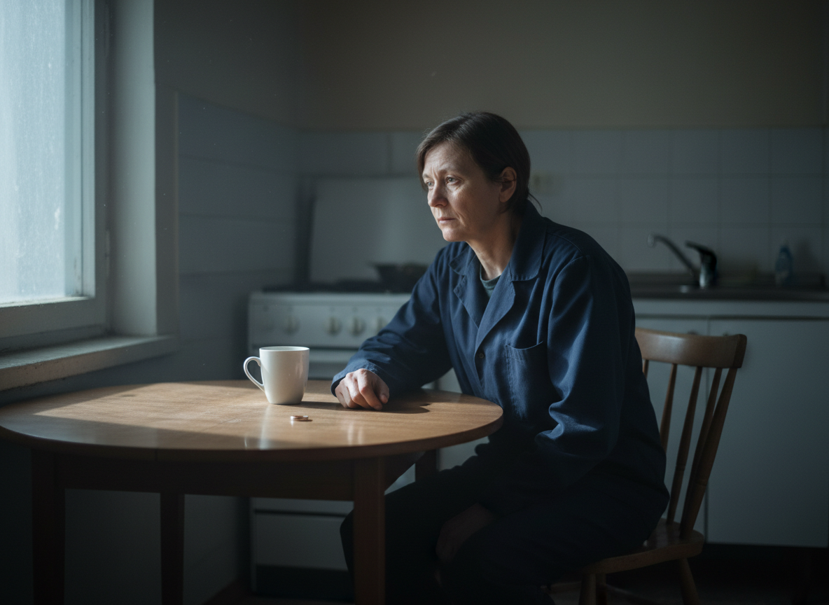 A night-shift worker sits alone at a kitchen table in the early morning light, a wedding ring resting beside their coffee cup