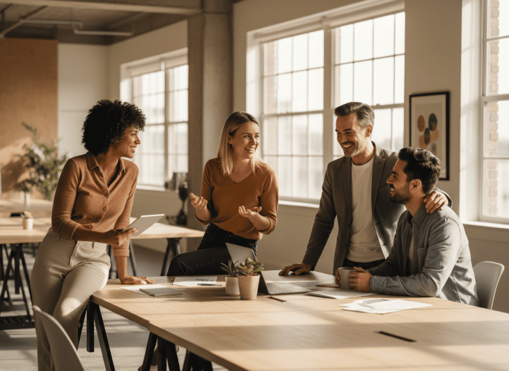 A small group of coworkers chatting and smiling together in an open office
