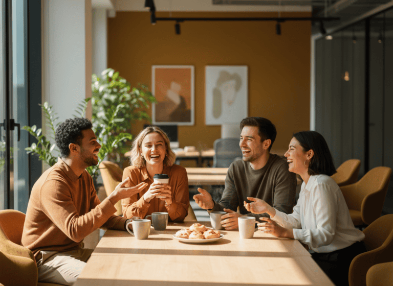 Coworkers laughing together over coffee in a bright office break room