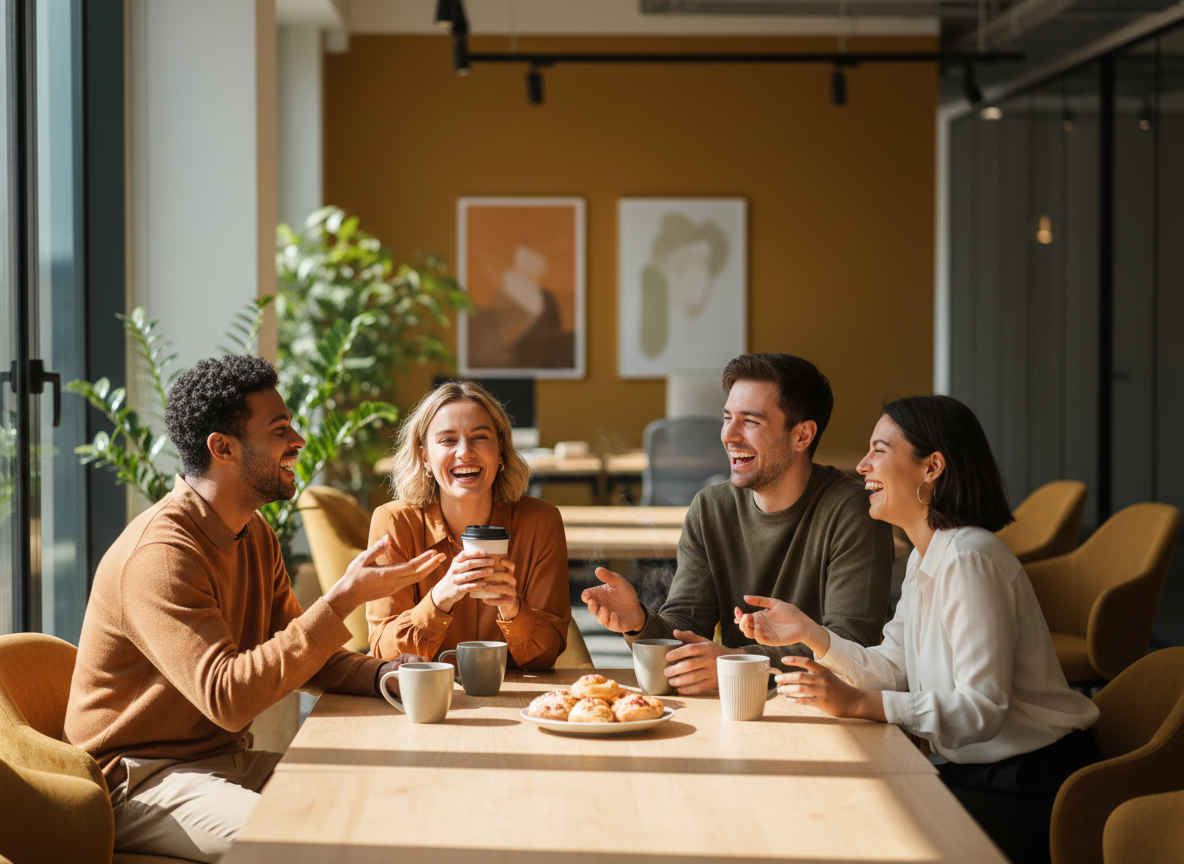 Coworkers laughing together over coffee in a bright office break room