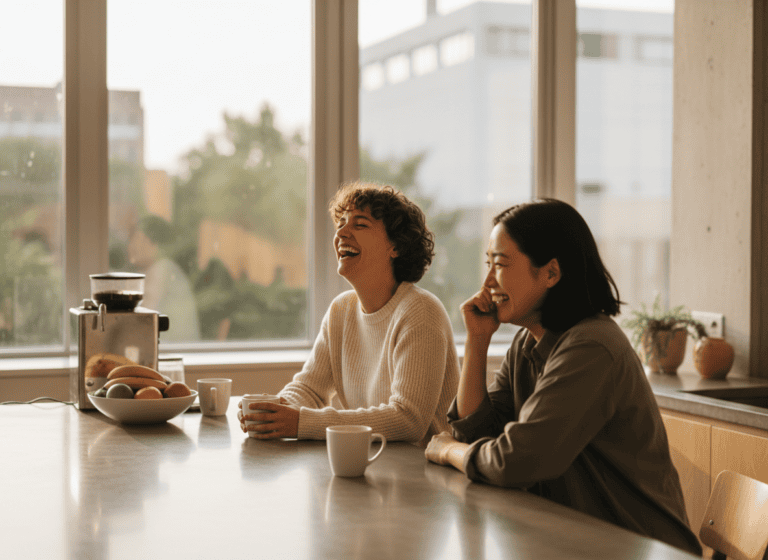 Two coworkers laughing together over coffee in a bright office kitchen