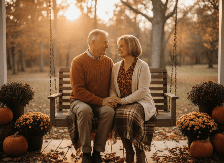 An older married couple sitting together on a porch at golden hour, holding hands