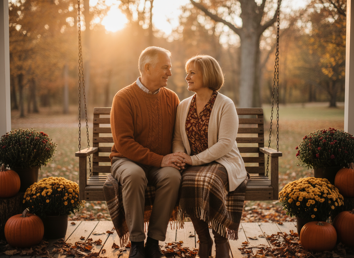An older married couple sitting together on a porch at golden hour, holding hands