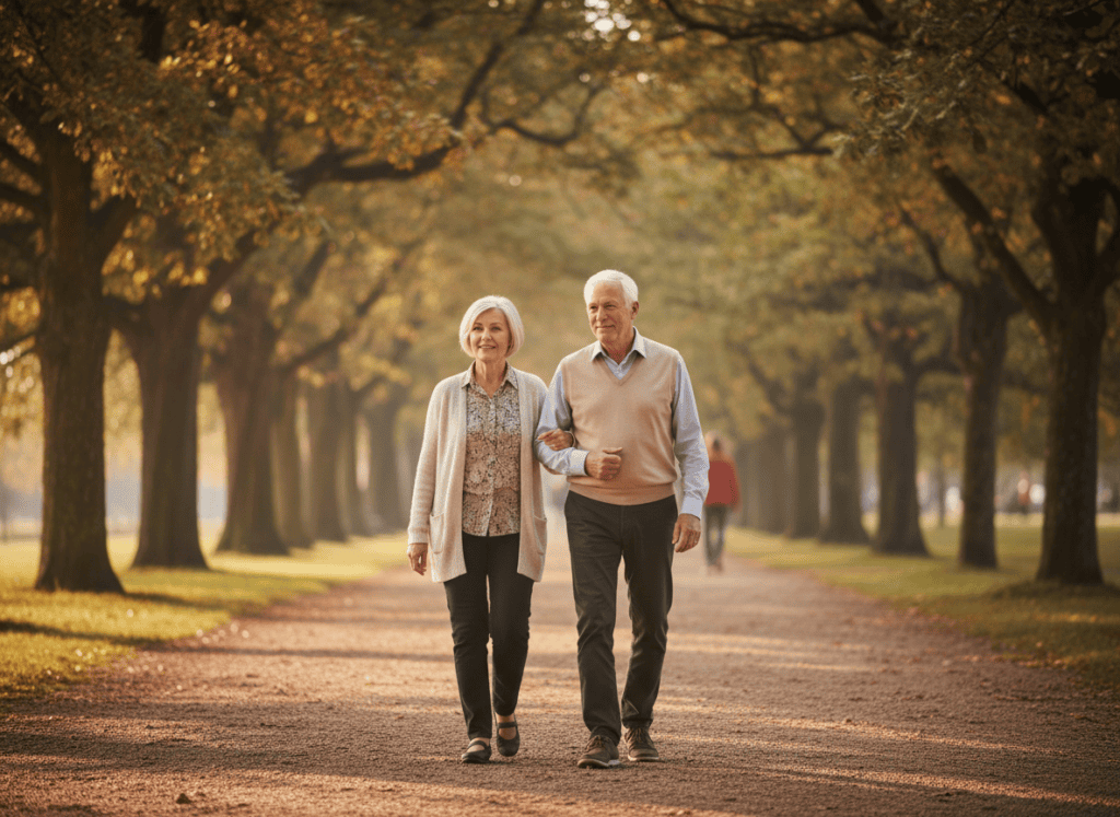 An older married couple walking arm in arm on a tree-lined path
