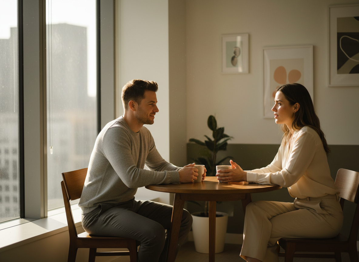 Two coworkers having a focused one-on-one conversation over coffee near an office window