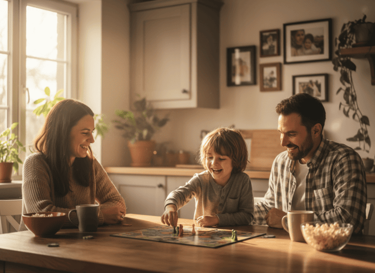 A child laughing while playing a board game with both parents at home