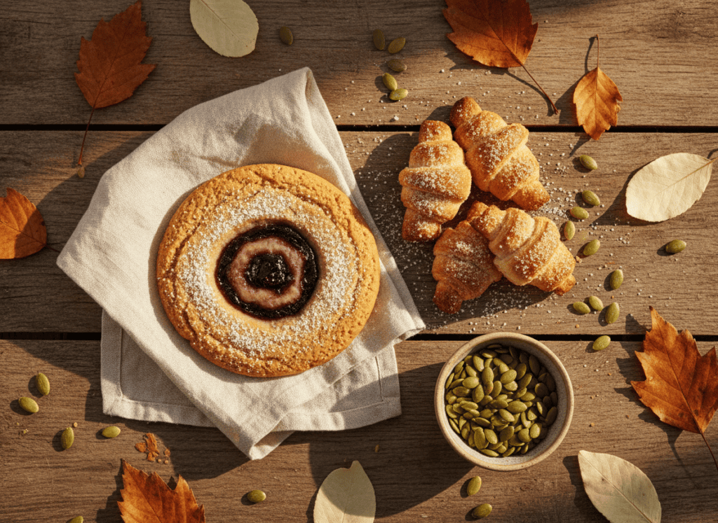 An overhead view of a PB&J cookie with grape jelly filling next to cinnamon croissant bites on a rustic wood table with autumn leaves