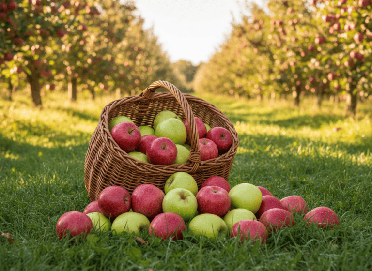 A wicker basket overflowing with freshly picked apples in an orchard during peak apple season