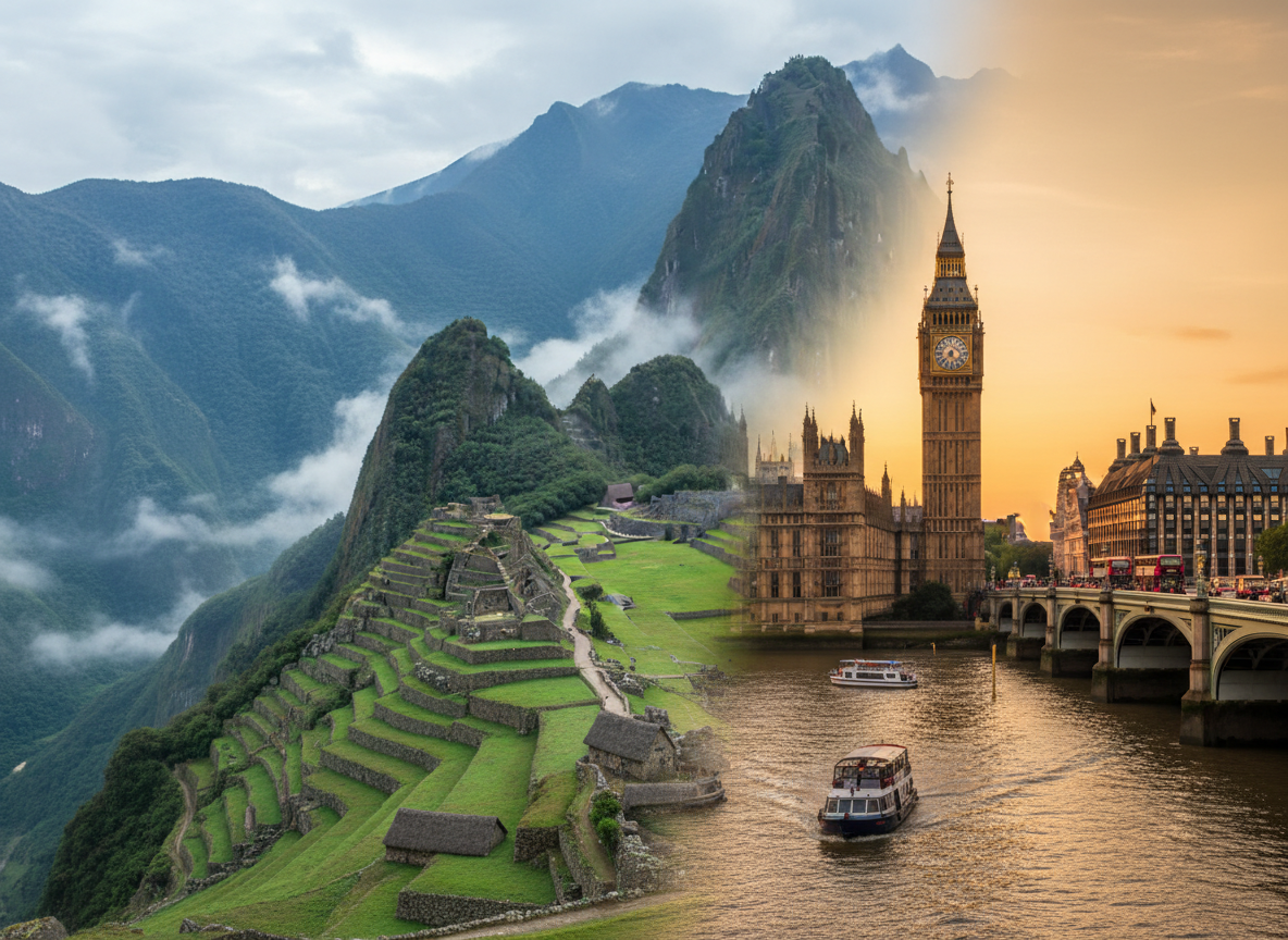 Split scenic view of the Andes mountains in Peru and the River Thames in London