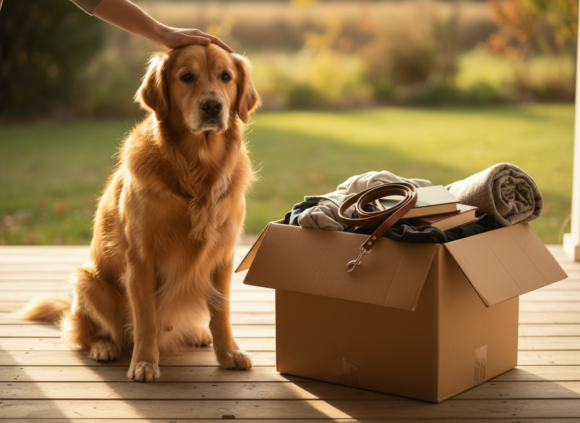 A dog sitting beside a packed box on a porch, symbolizing pet custody during a divorce