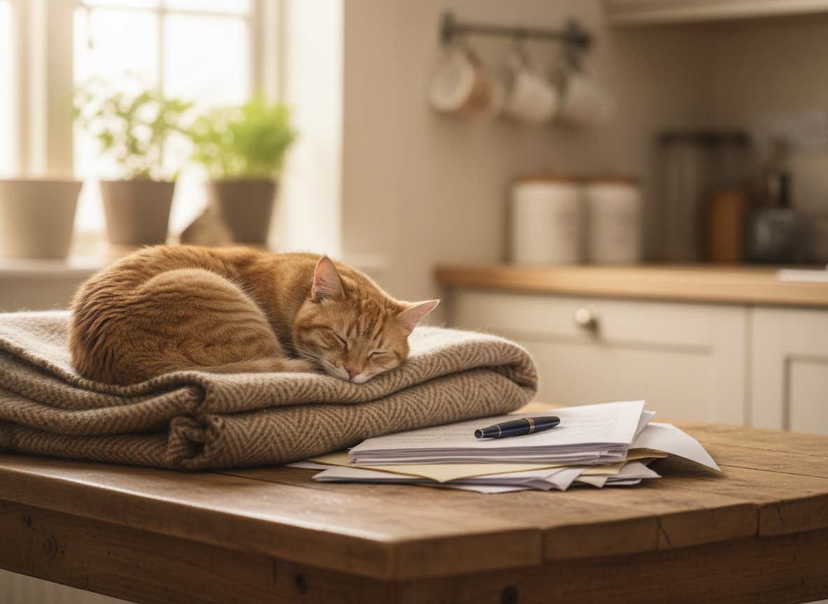 A cat resting near paperwork on a kitchen table, representing the legal side of pet custody disputes