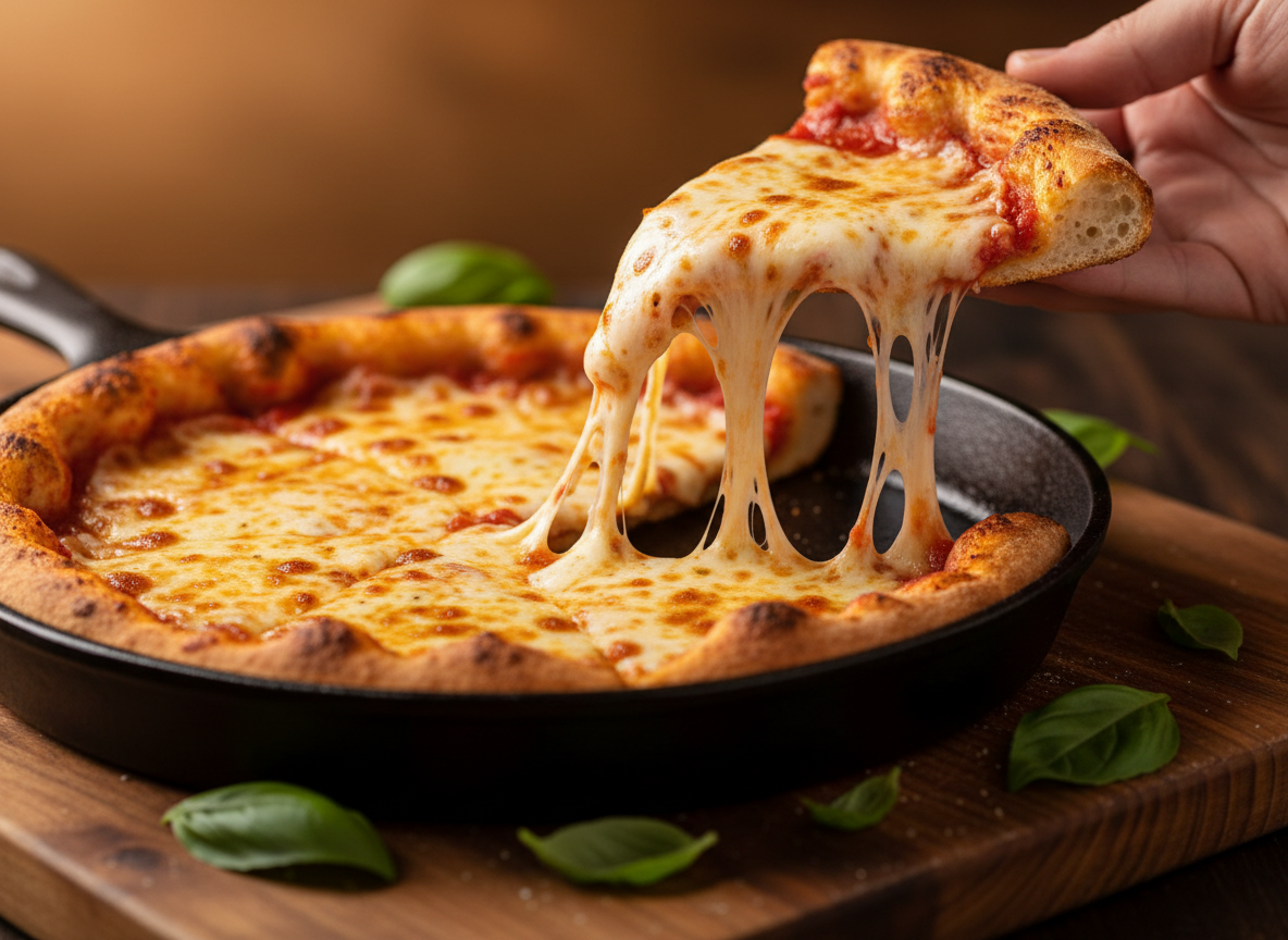 A slice of pizza being lifted with a long stretchy pull of melted mozzarella cheese