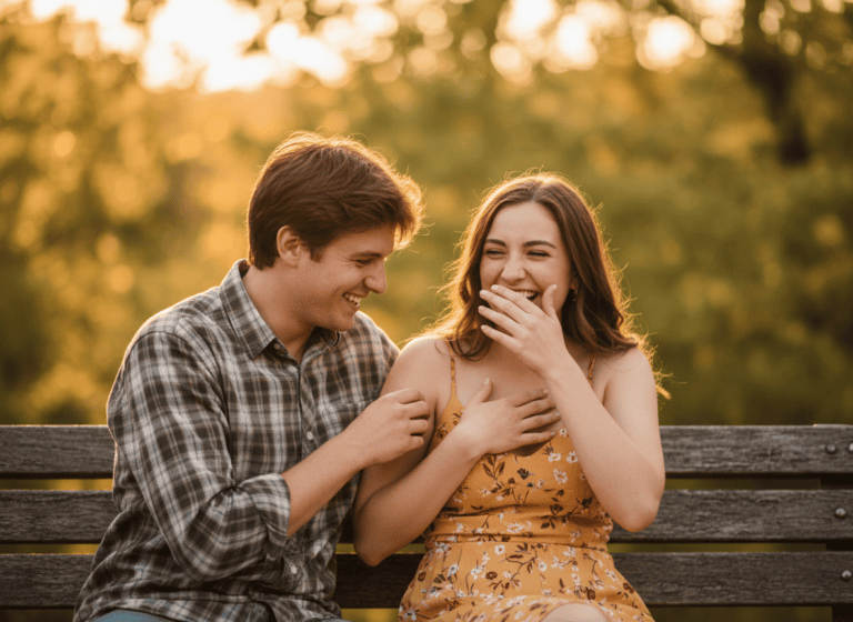 A couple laughing together playfully outdoors at golden hour