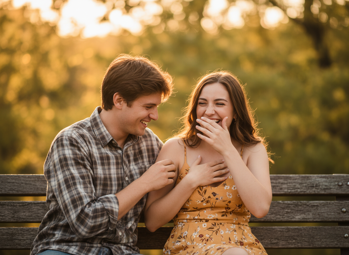 A couple laughing together playfully outdoors at golden hour
