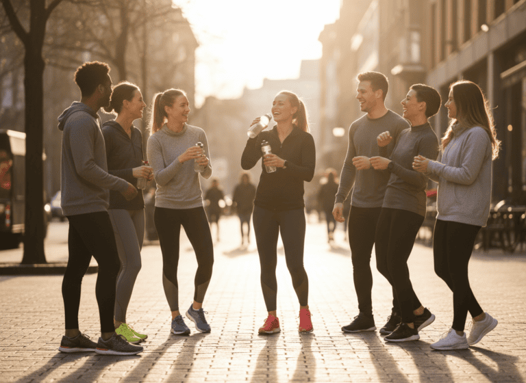 Group of singles socializing after a run club meetup in the city