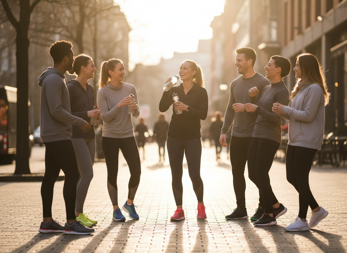 Group of singles socializing after a run club meetup in the city