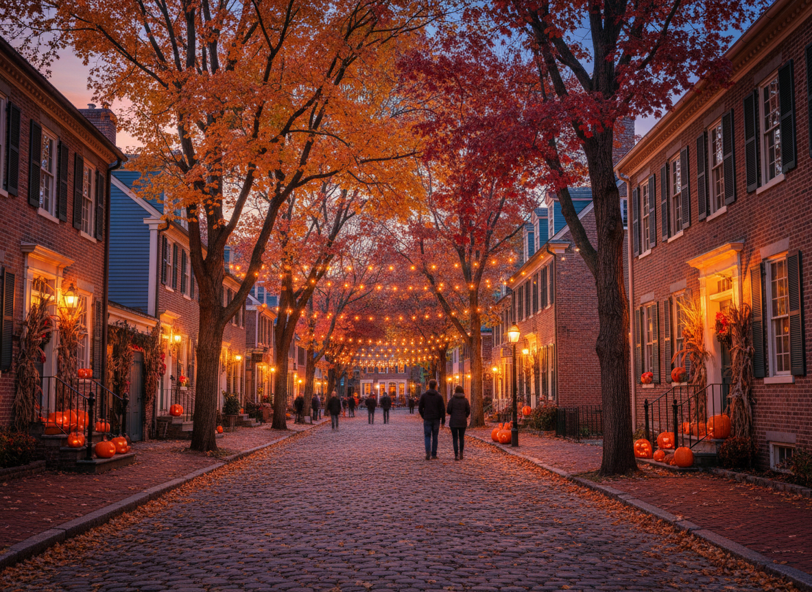 Historic New England street decorated for autumn and Halloween season with string lights and pumpkins