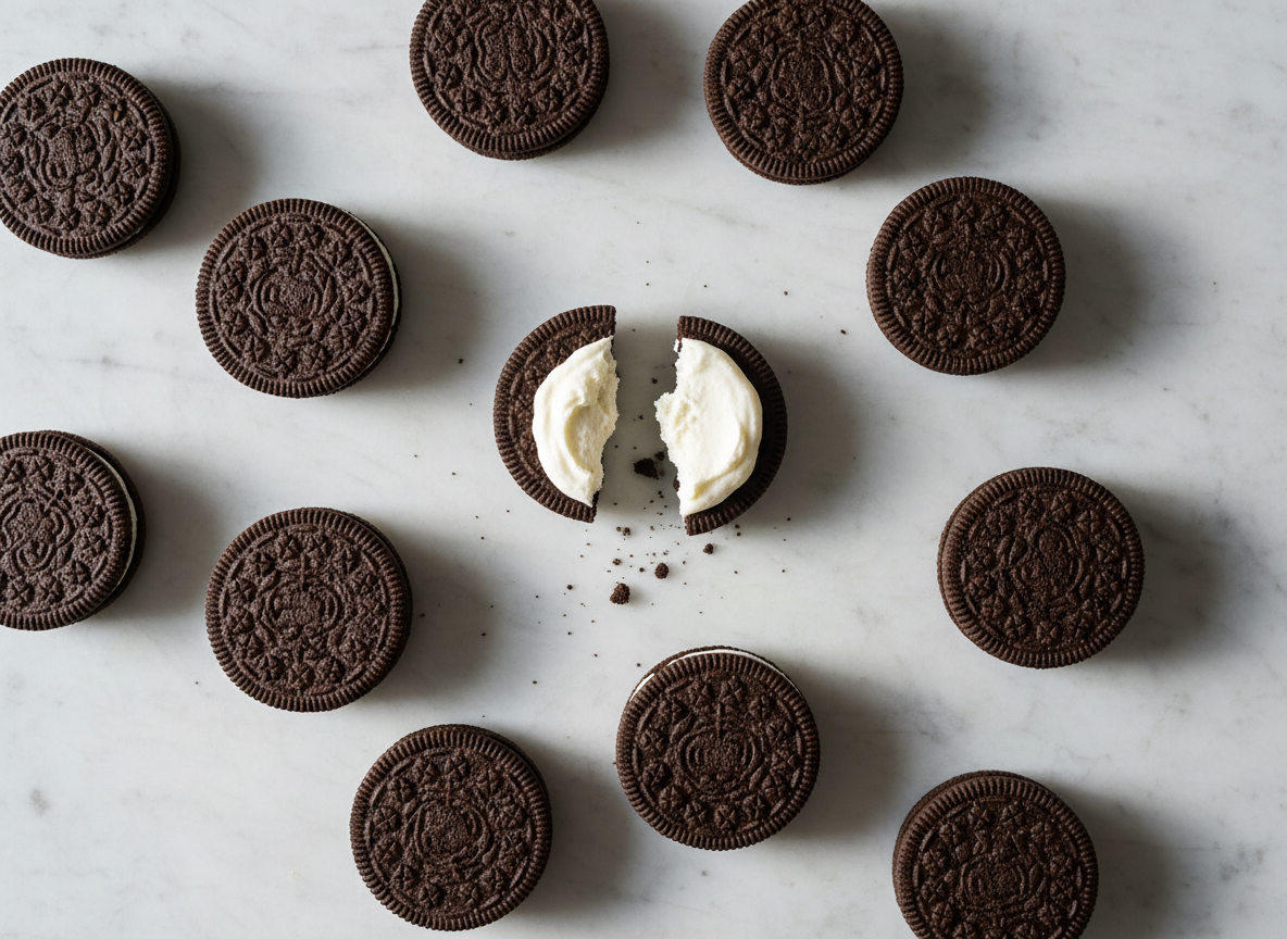 Overhead view of chocolate sandwich cookies on a marble counter with one split open showing the cream filling, generic stock-style photo used for illustration