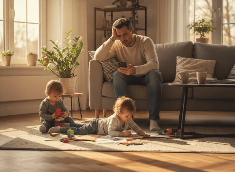 Tired parent sitting with children at home, representing the sandwich generation caregiving burden