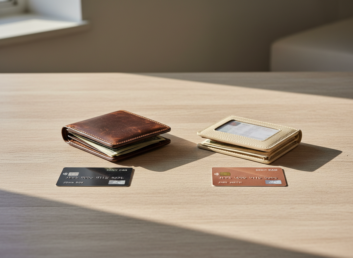 Two separate wallets and debit cards representing independent finances
