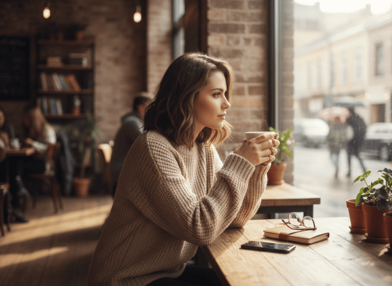 Young single woman sitting thoughtfully alone in a coffee shop