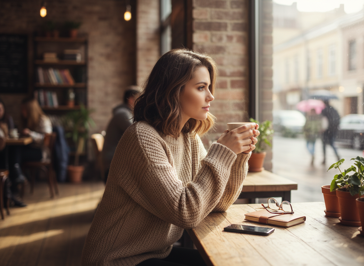 Young single woman sitting thoughtfully alone in a coffee shop