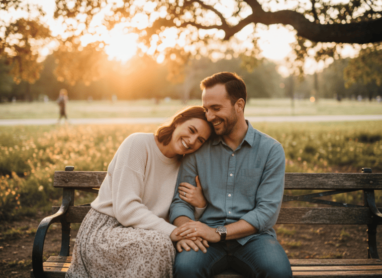 Couple sitting closely together outdoors at golden hour, representing modern singles hopeful about lasting love