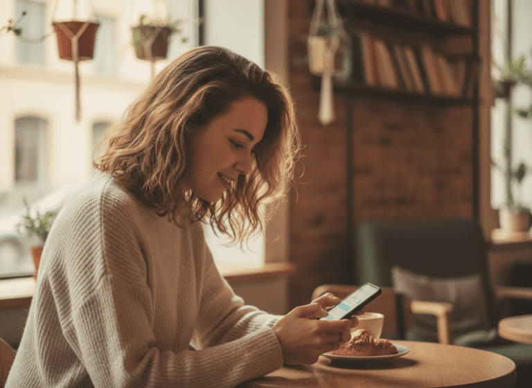 Woman smiling while looking at a dating app on her phone in a cafe