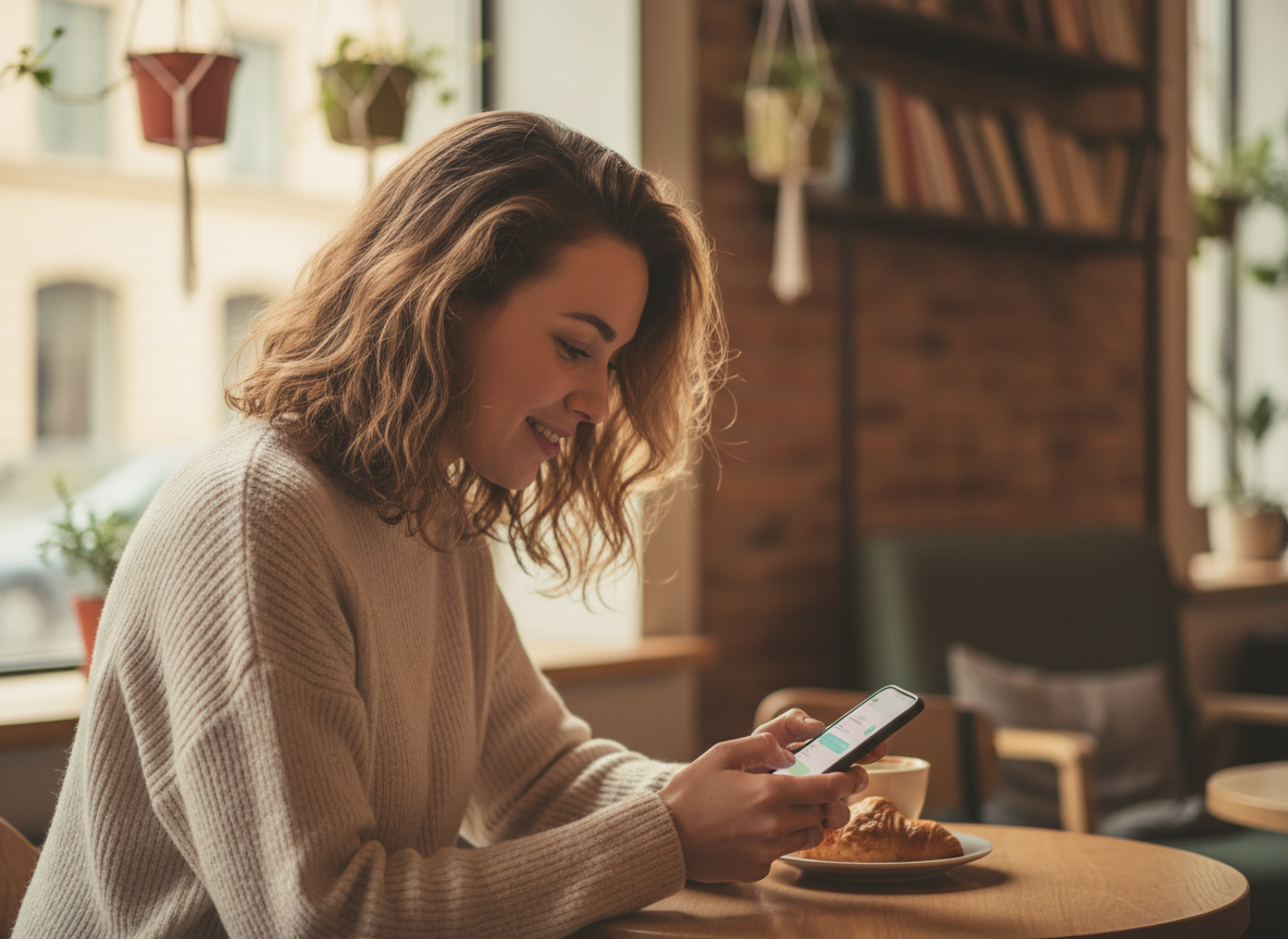 Woman smiling while looking at a dating app on her phone in a cafe