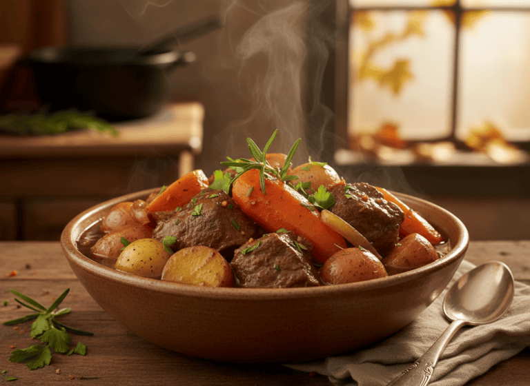 A rustic bowl of slow-cooked beef pot roast stew with carrots and potatoes, steam rising