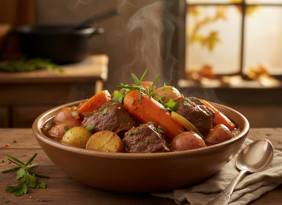 A rustic bowl of slow-cooked beef pot roast stew with carrots and potatoes, steam rising