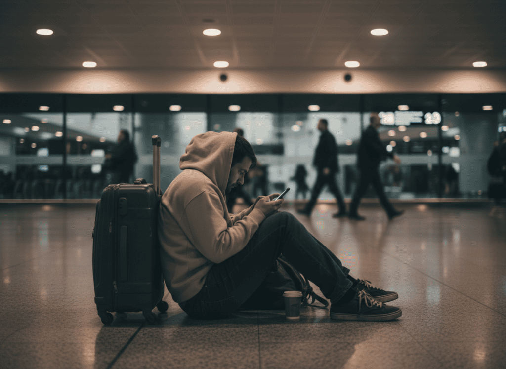 Tired traveler sitting on the floor of an airport terminal next to luggage during a flight delay