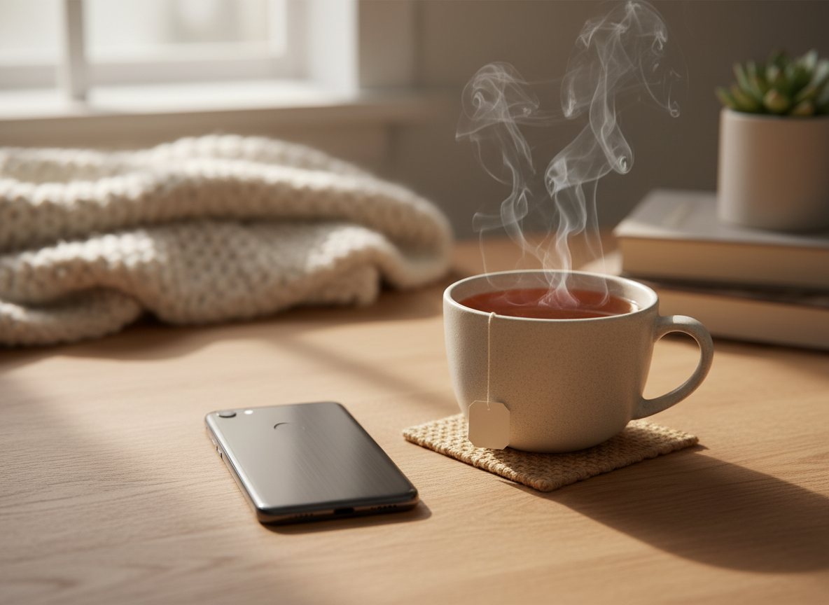 Smartphone set face-down beside a cup of tea, symbolizing taking a break from dating apps