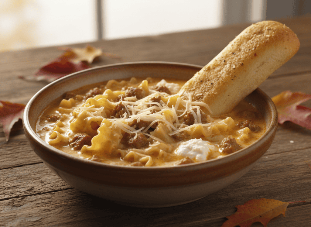 A bowl of three-cheese lasagna soup with a ciabatta dipper on a rustic wooden table in a cozy fall setting
