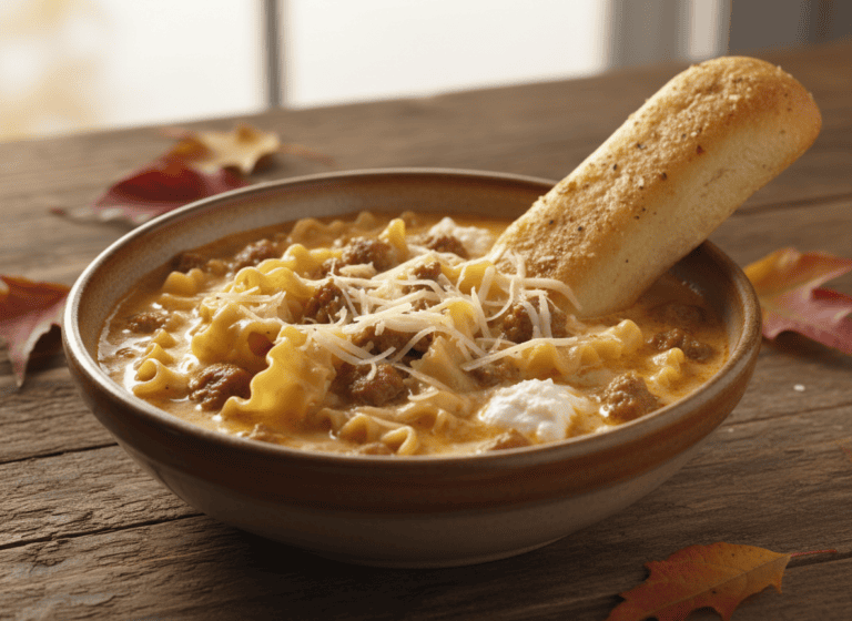 A bowl of three-cheese lasagna soup with a ciabatta dipper on a rustic wooden table in a cozy fall setting
