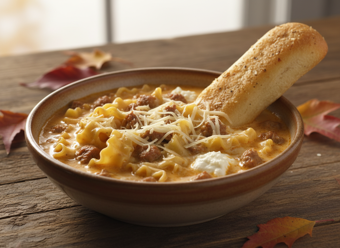 A bowl of three-cheese lasagna soup with a ciabatta dipper on a rustic wooden table in a cozy fall setting