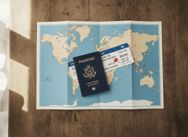Passport and map on a desk representing international travel planning