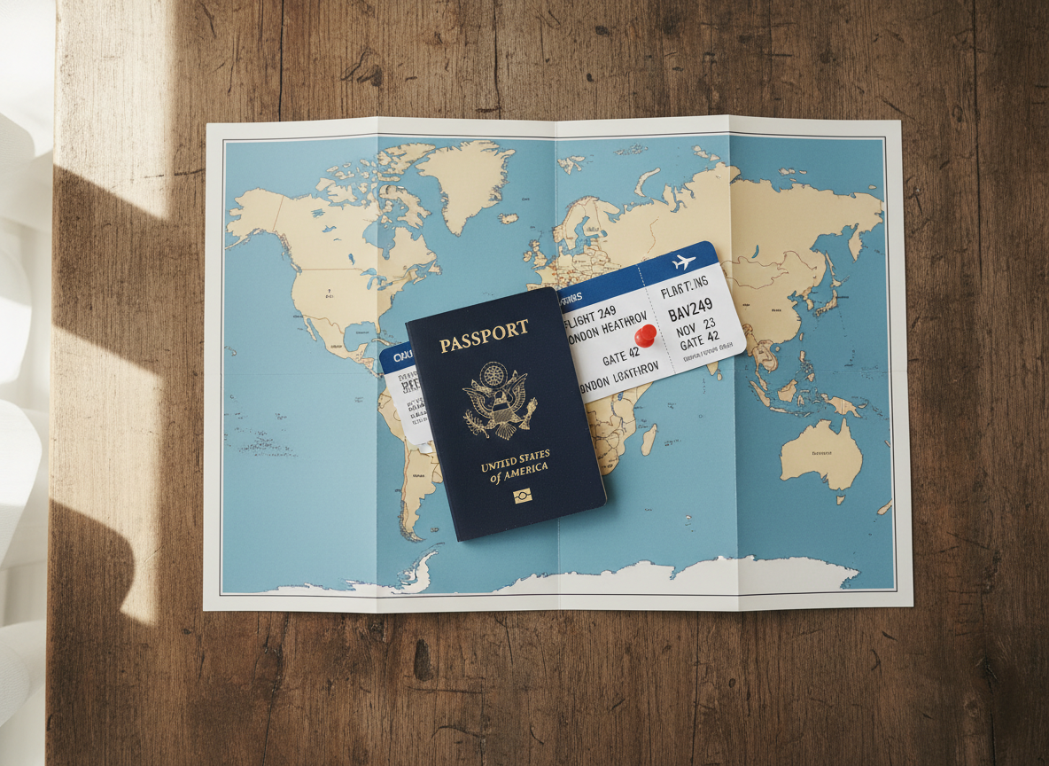 Passport and map on a desk representing international travel planning