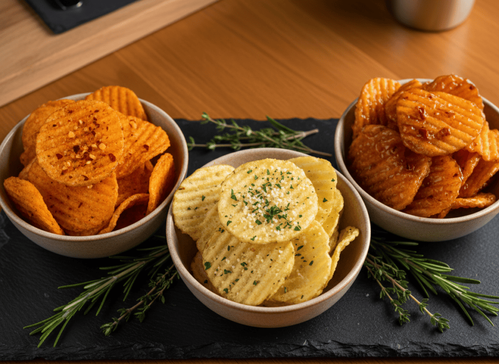 Three bowls of seasoned potato crisps in buffalo, garlic-parmesan, and sweet chili style coatings